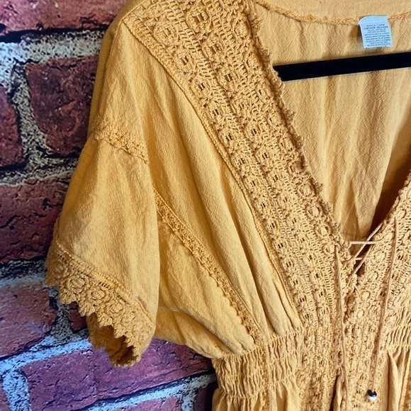 Bohemian Mustard Yellow Midi Embroidered Short Sleeve Dress Size XS - Picture 5 of 16